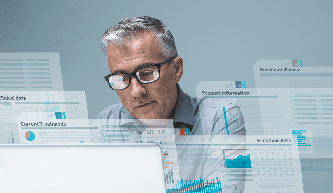 man reviewing clinical data, current treatments, economic data, product information, and data on burden of disease